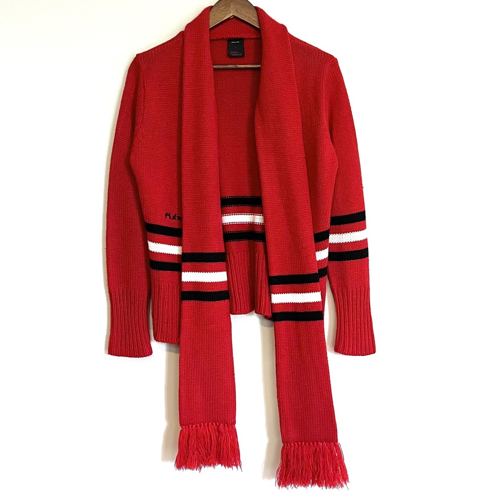 FUBU Classics Red Zip Up Hooded Scarf Sweater Striped 1X Vintage Hip Hop Style